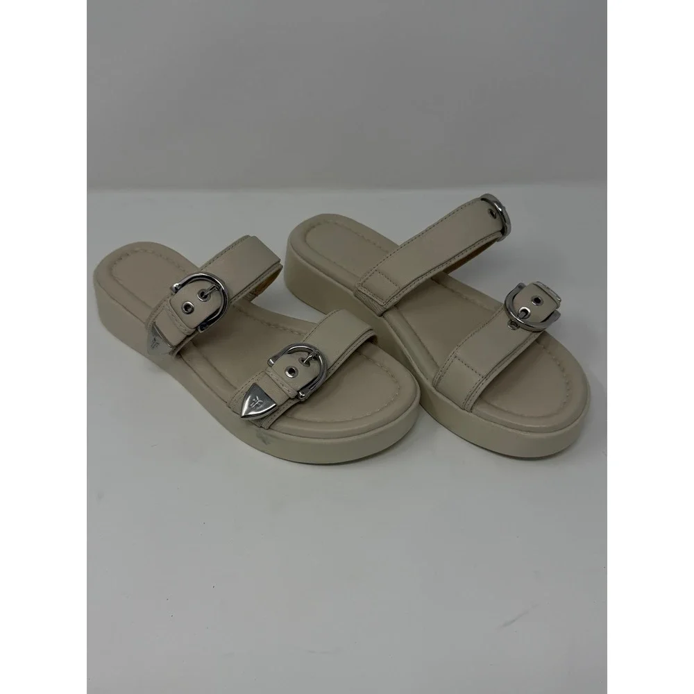 Frye Western Double Buckle Platform Slide Sandal Beige Leather Women Size 8